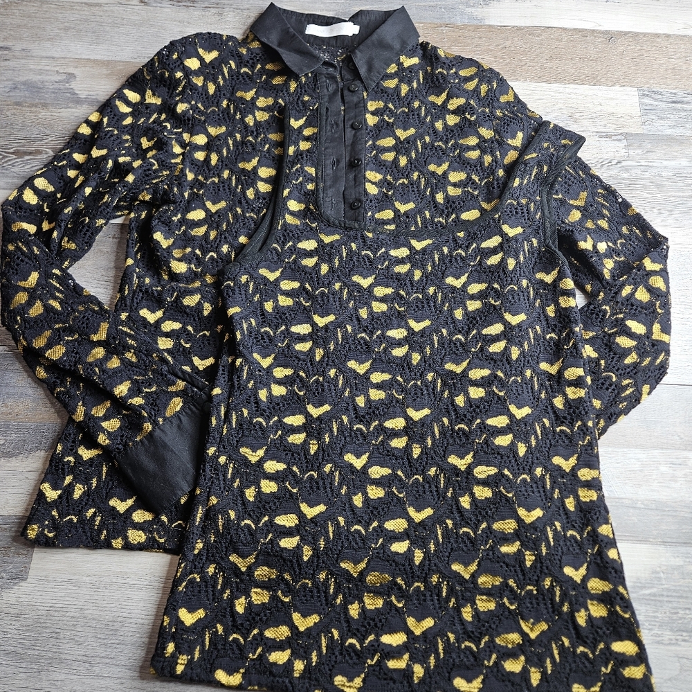 Anne Fontaine Blouse And Tank Set Size 10 Black Lace With Yellow Undertones
